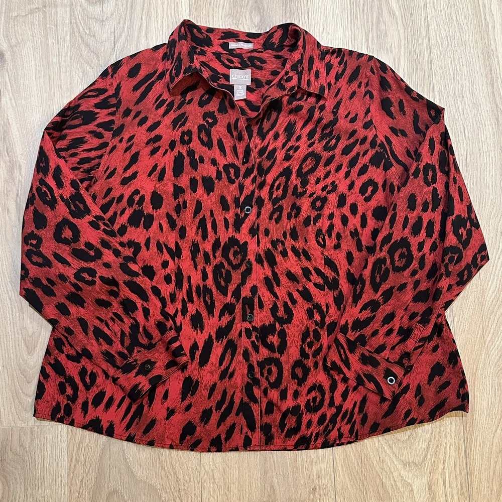 Chico's Womens Wrinkle Resistant Animal Print Button Up Shirt Red Size 3 US XL
